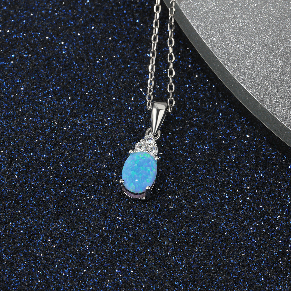 Oval Blue Opal with Three Small Zircon Sterling Silver Necklace
