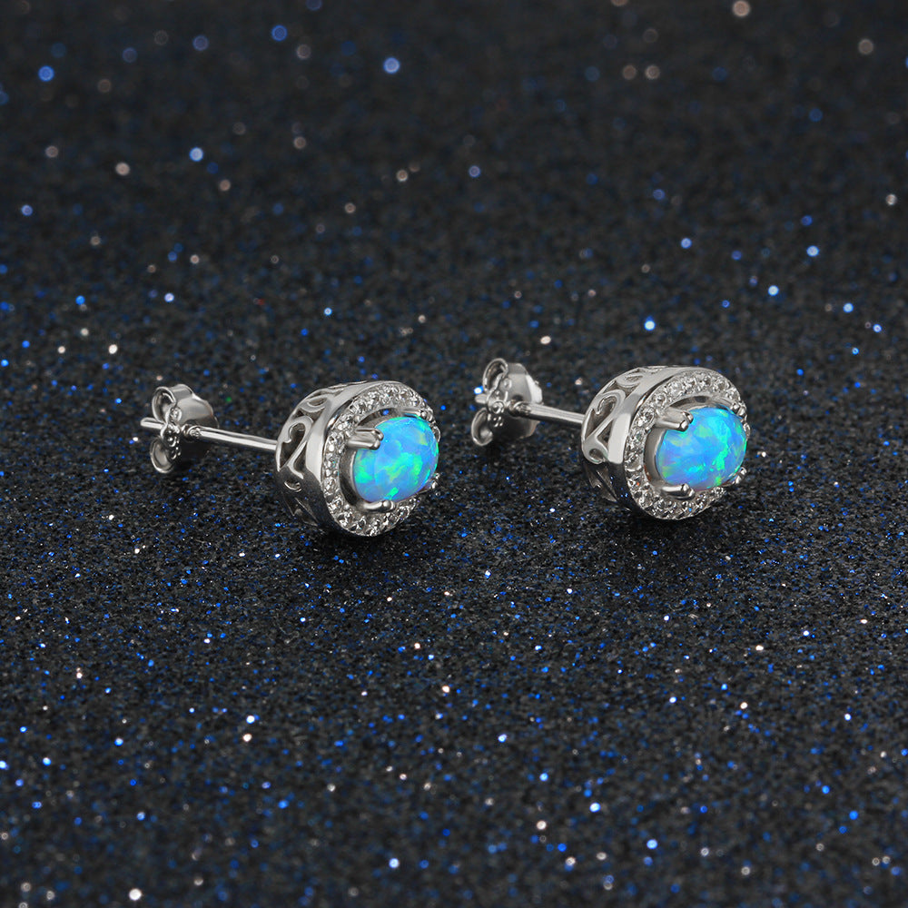 Blue Oval Opal Zircon Soleste Halo Sterling Silver Stud Earrings