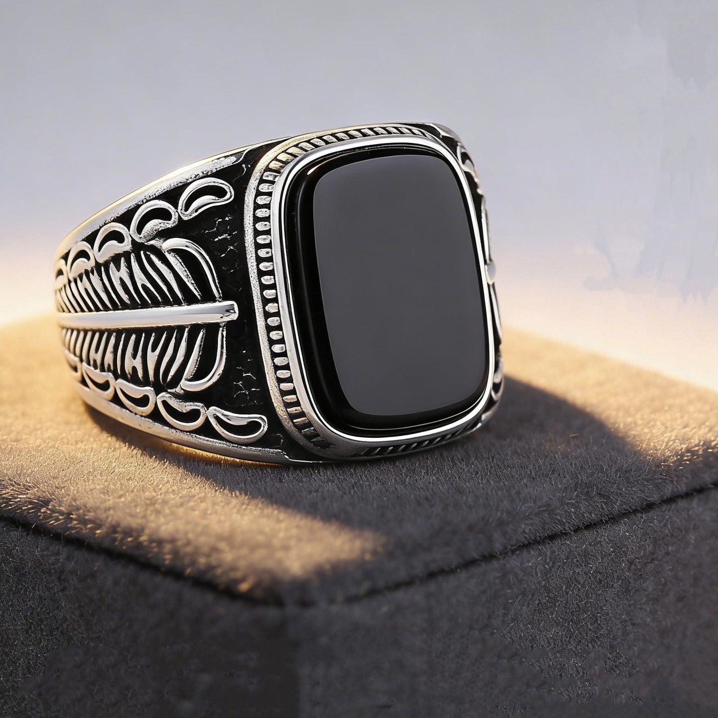 Planderful Everyday Genie Men Titanium Steel Ring With Feather Gem Design Unisex Protection Statement