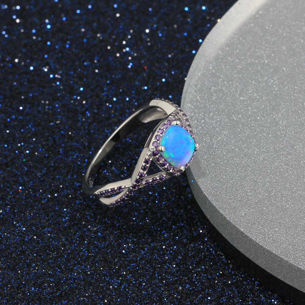 Square Opal Soleste Halo Purple Zircon Sterling Silver Ring
