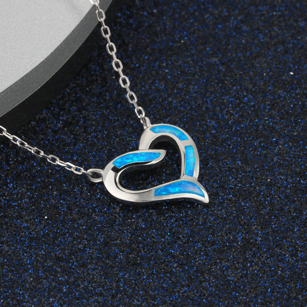 Blue Opal Heart Shap Sterling Silver Necklace