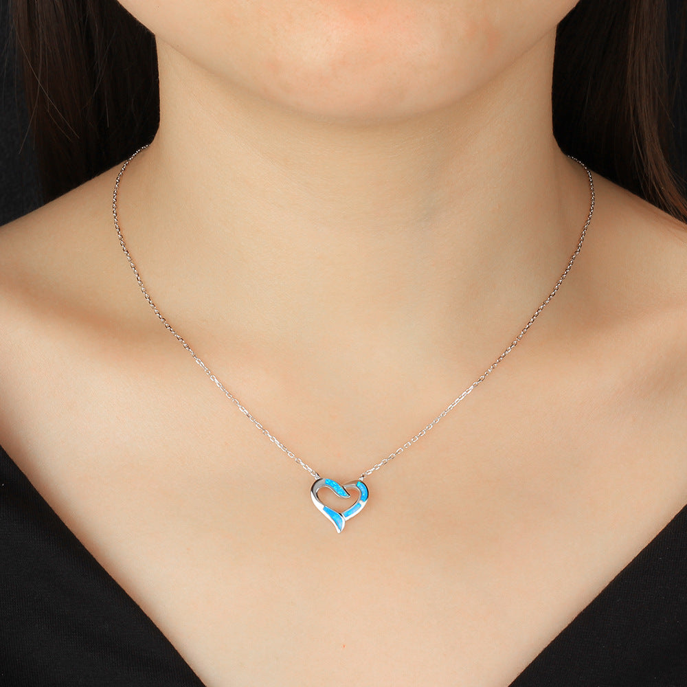 Blue Opal Heart Shap Sterling Silver Necklace