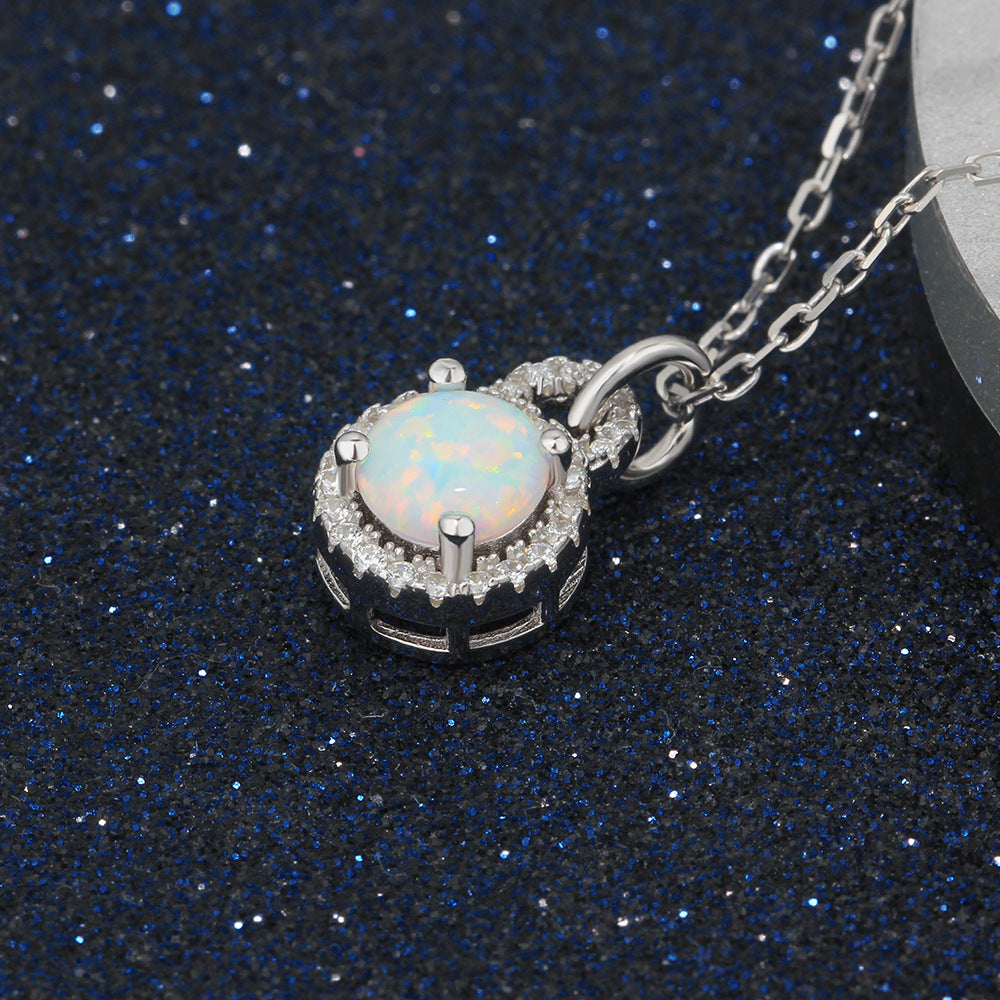 Round Opal Zircon Circular Lock Sterling Silver Necklace