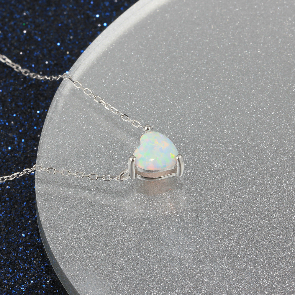 Solitaire Heart Shape Opal Sterling Silver Necklace