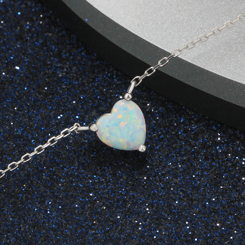 Solitaire Heart Shape Opal Sterling Silver Necklace