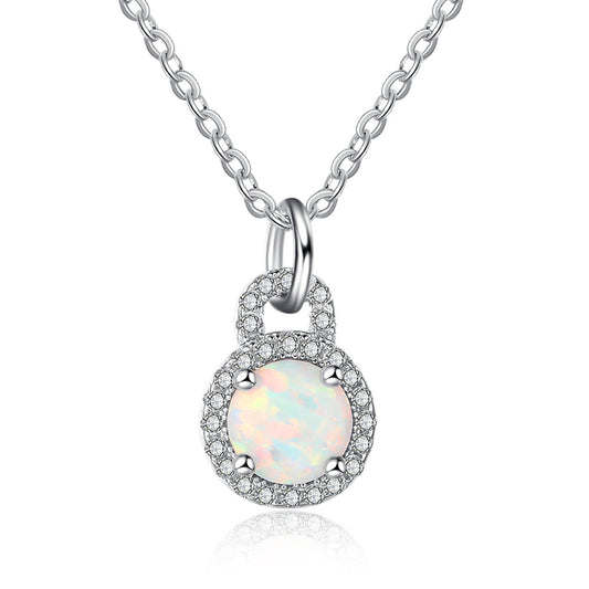 Round Opal Zircon Circular Lock Sterling Silver Necklace