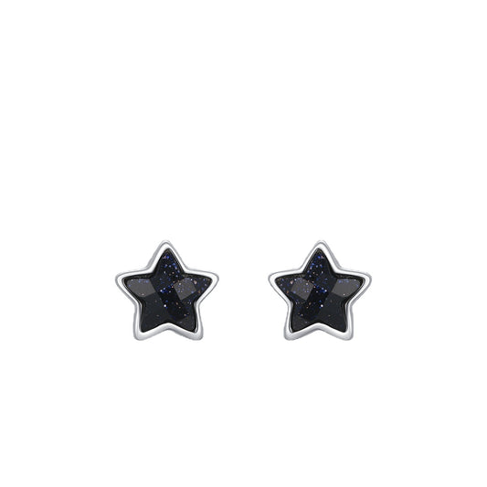 Sterling Silver Obsidian Star Stud Earrings for Women - Japanese and Korean Inspired
