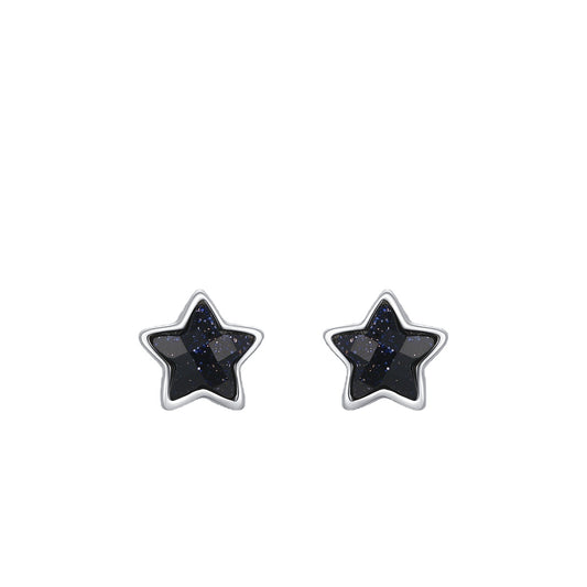Sterling Silver Obsidian Star Stud Earrings for Women - Japanese and Korean Inspired