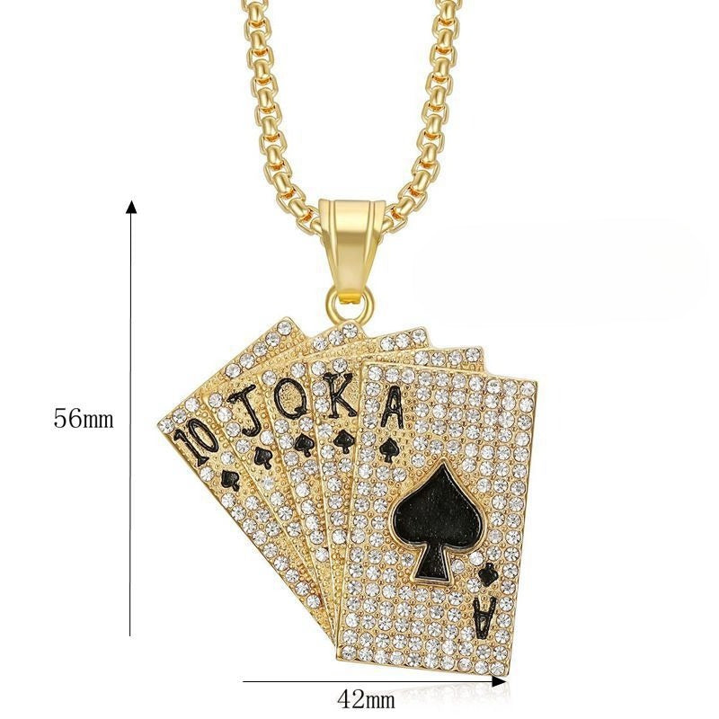 Planderful Hip Hop Jewelry Stainless Steel Gold Plated Rhinestone Playing Card Pendant Necklace For Urban Fashion Lovers