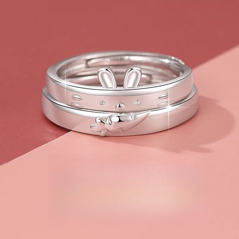 Planderful Sterling Silver Rabbit Couple Ring Adjustable High End Design Gift For Couples