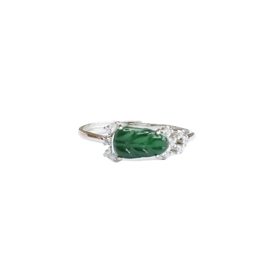 Ice Emperor Green Jade Leaf Sterling Silver Ring