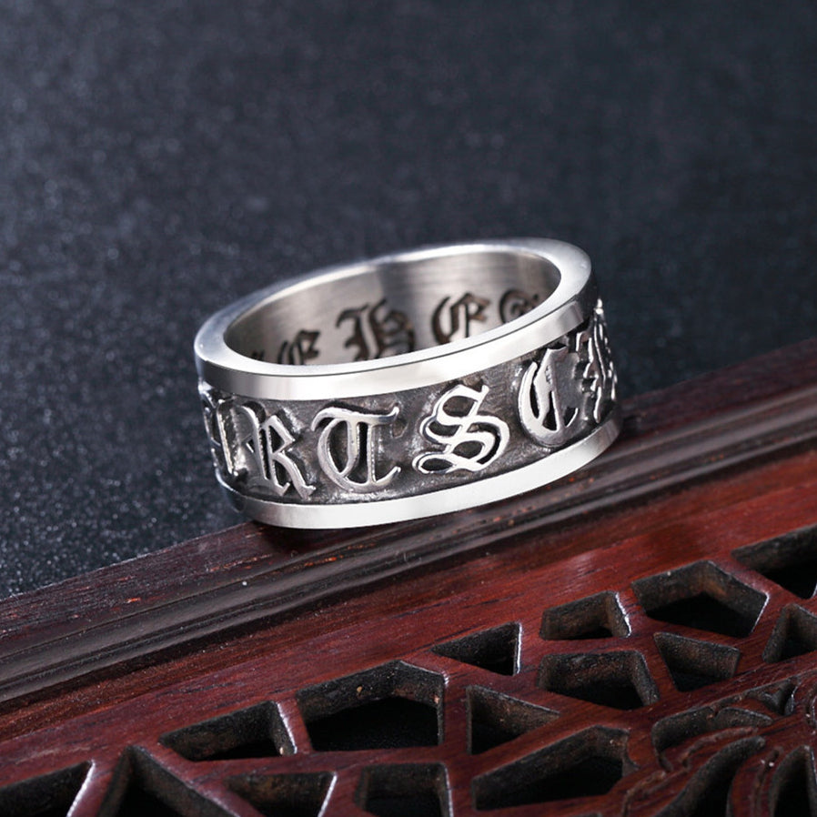 Relief Gothic Text Grooved Titanium Steel Ring for Men