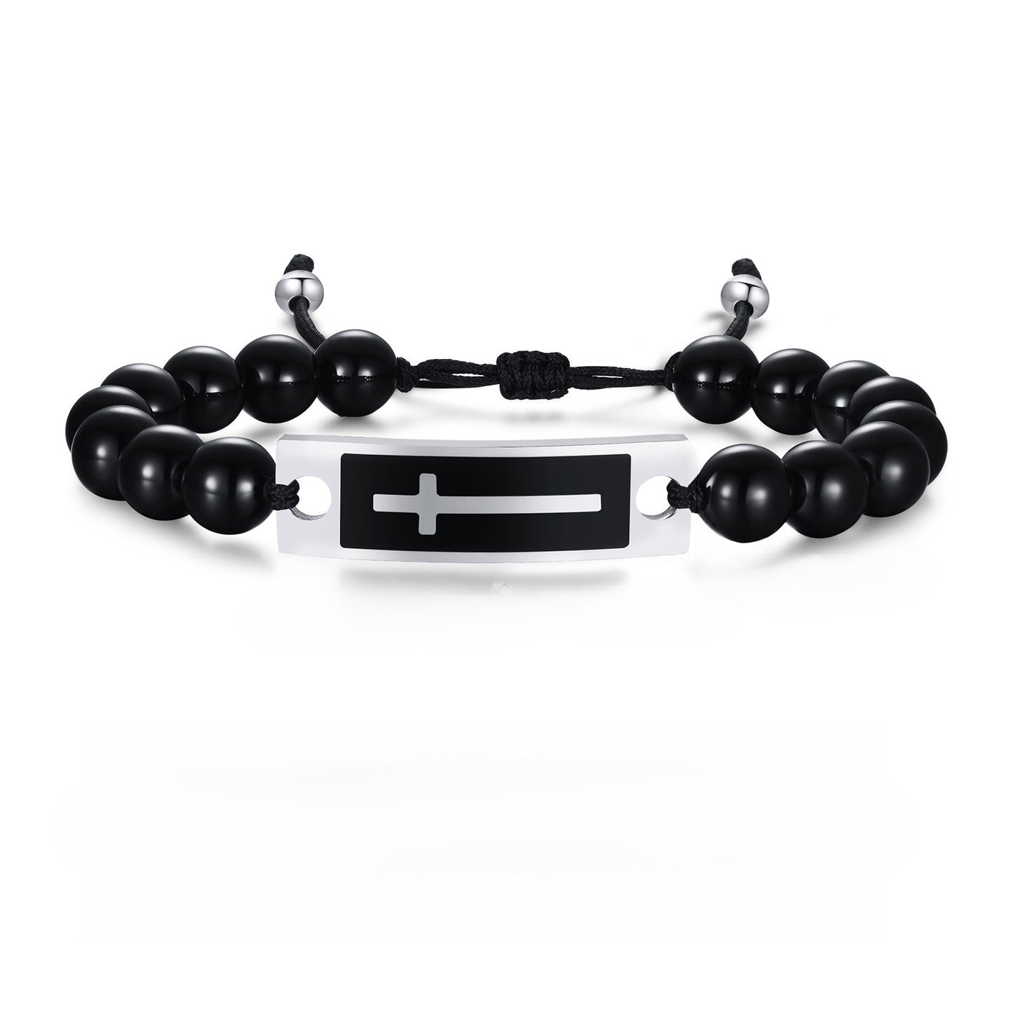 Bracelet Stainless Steel Bent Cross Black Agate Tiger's Eye Beaded Woven Bracelet for Men