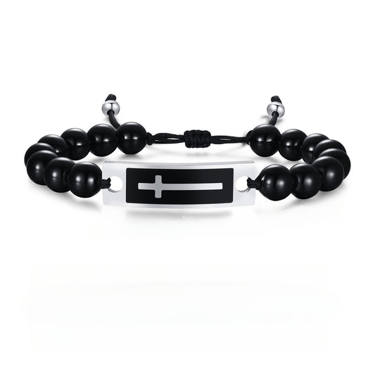 Bracelet Stainless Steel Bent Cross Black Agate Tiger's Eye Beaded Woven Bracelet for Men