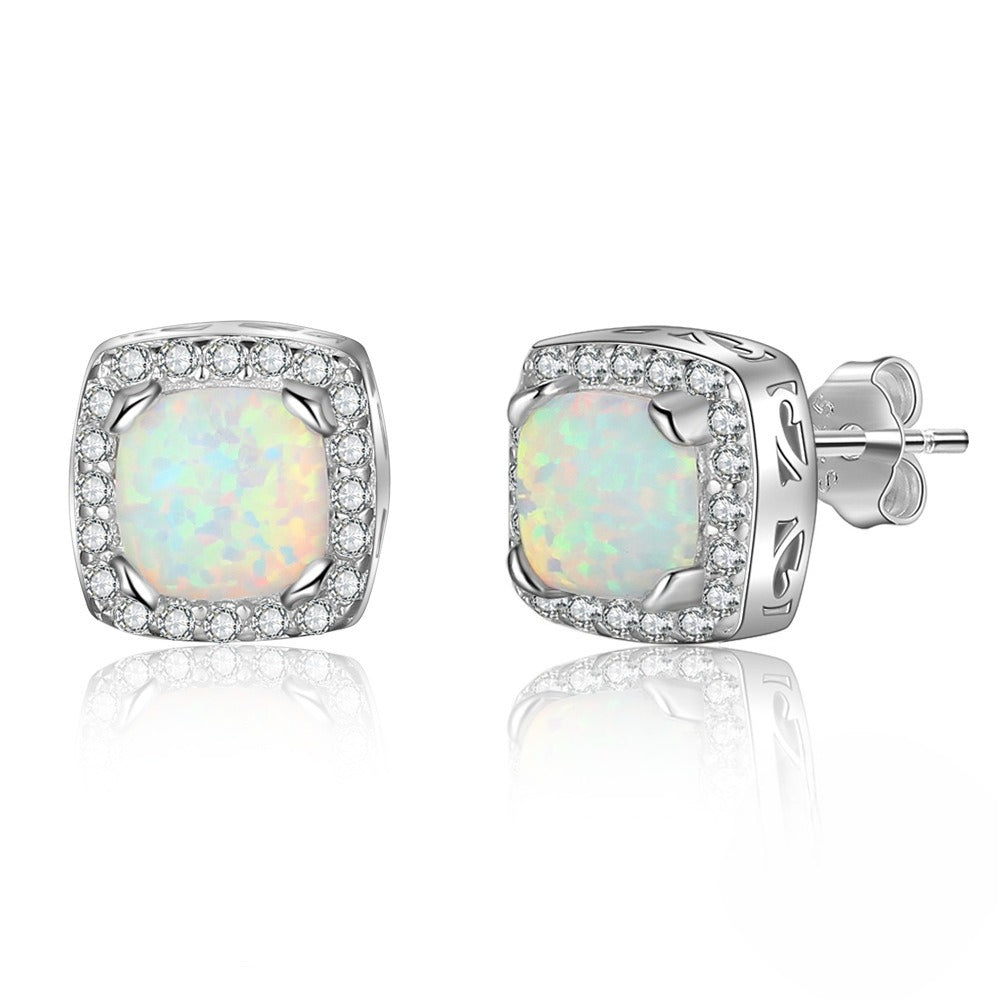 Planderful Jewelry Sterling Silver Opal Stud Earrings With Zircon Halo In Elegant Round Design