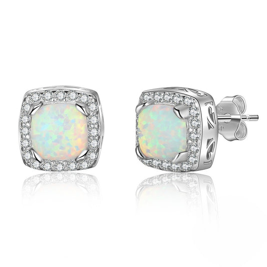 Planderful Jewelry Sterling Silver Opal Stud Earrings With Zircon Halo In Elegant Round Design