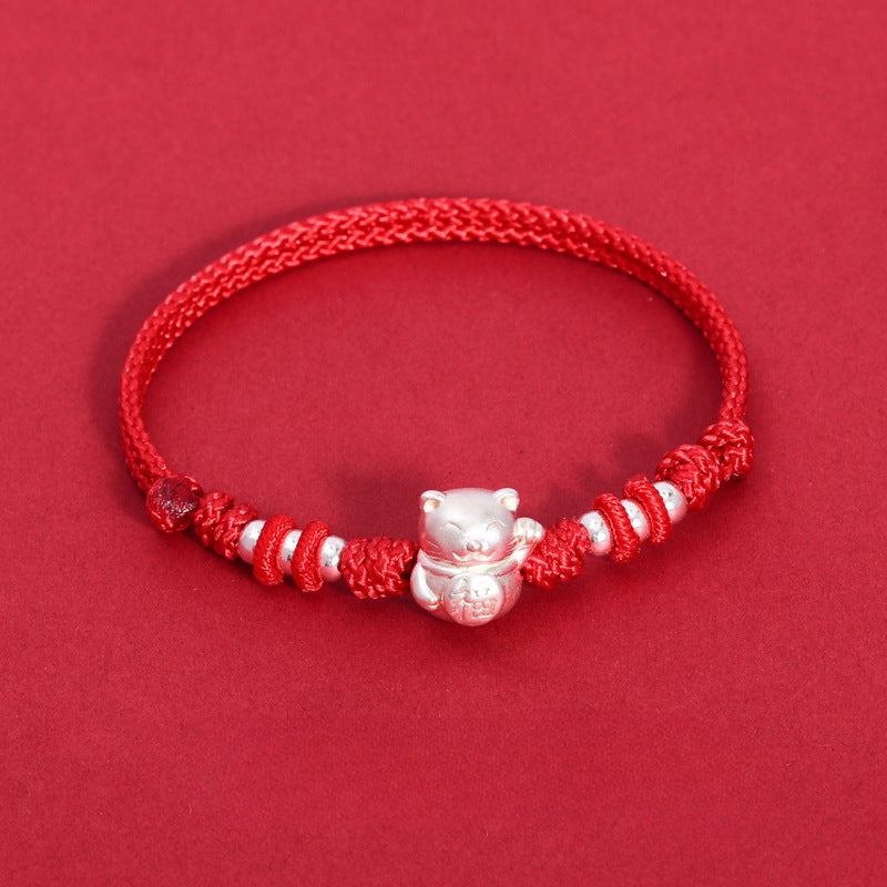 Lucky Cat Sterling Silver Red Rope Bracelet