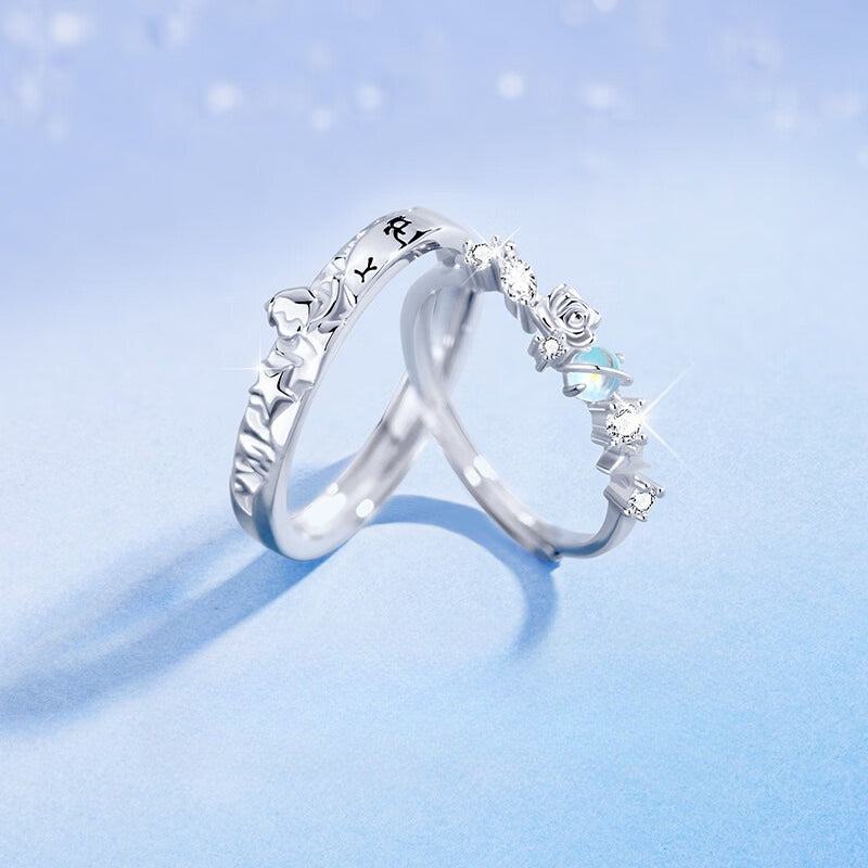 Planderful Sterling Silver Little Prince And Rose Unisex Couple Ring Adjustable Gift For Lovers