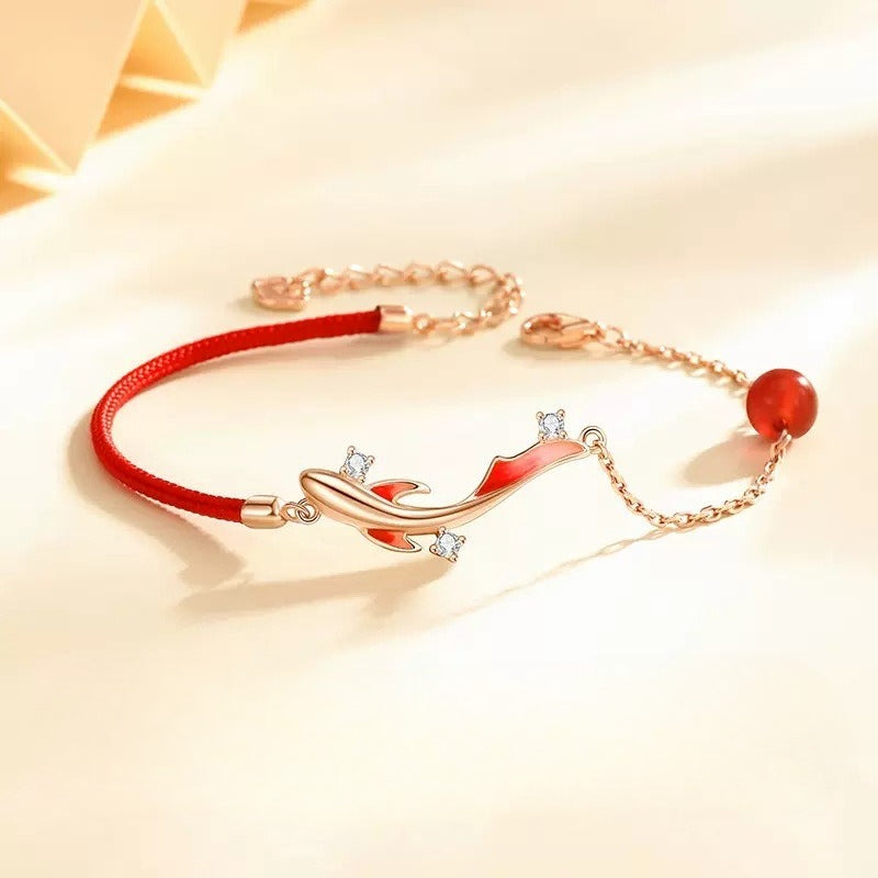 Planderful Sterling Silver Koi Bracelet For Women Handwoven Red Rope Strap Gift For Girlfriend