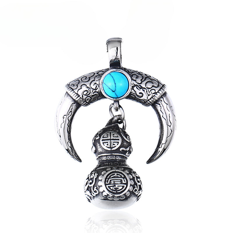 Men's Retro Titanium Steel Pendant with Red Turquoise Gourd Design - Wholesale Stainless Steel Jewelry