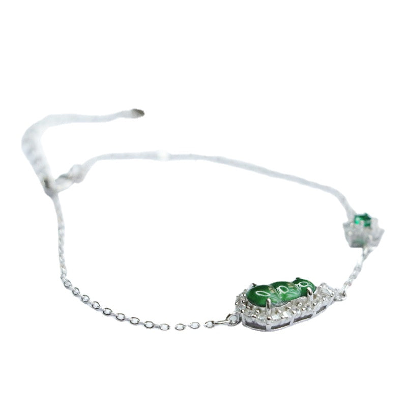 Burmese Jade Sterling Silver Bracelet with Natural Imperial Green Inlaid Ice Jade