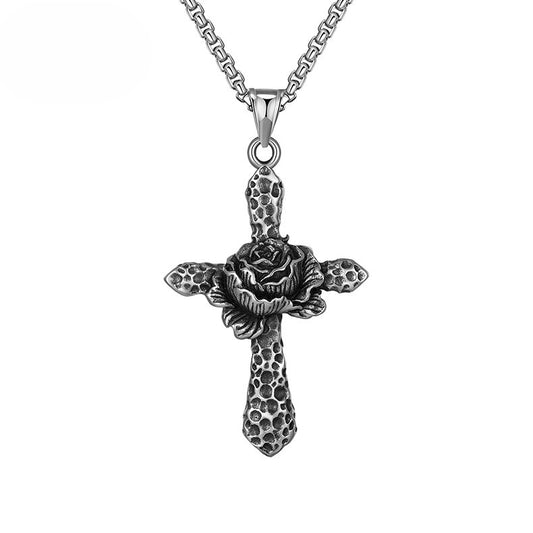 Steel Necklace - Vintage For Men And Women Thorn Rose Cross Pendant Hip Hop Style