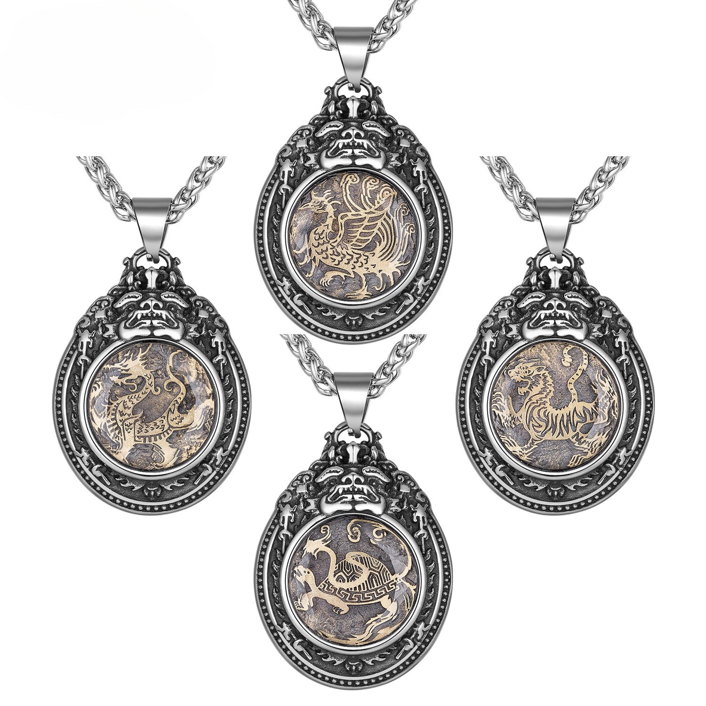 Stainless Steel Necklace – Statement Four Great Beasts Longtu Hip Hop Sweater Chain For Men
