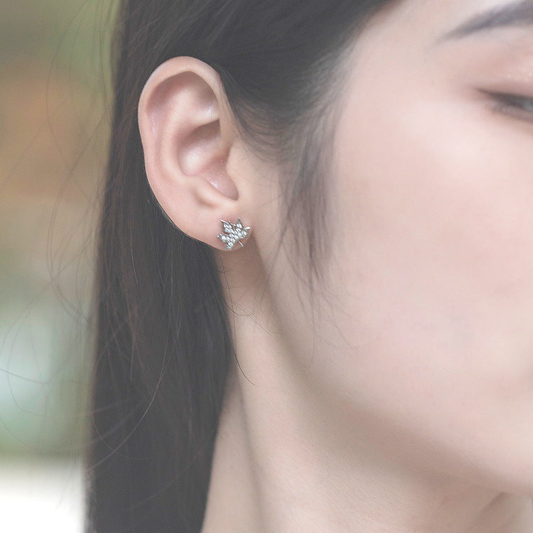 Two Tone Maple Leaf Zircon Asymmetric Sterling Silver Stud Earrings