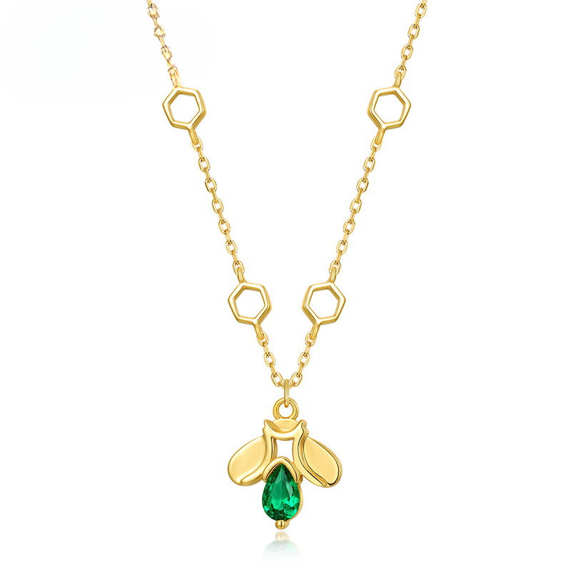 Green Zircon Bee Pendant Honeycomb Sterling Silver Necklace