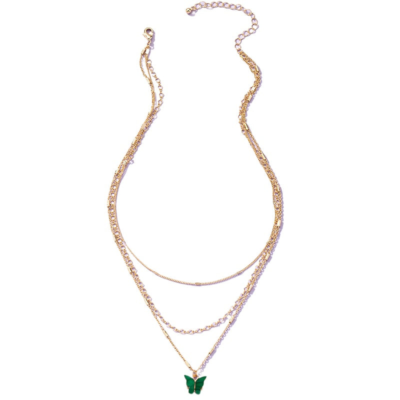 Elegant 3-Layer Butterfly Necklace with Multi-color Layers for Women, Stylish Sweater Chain