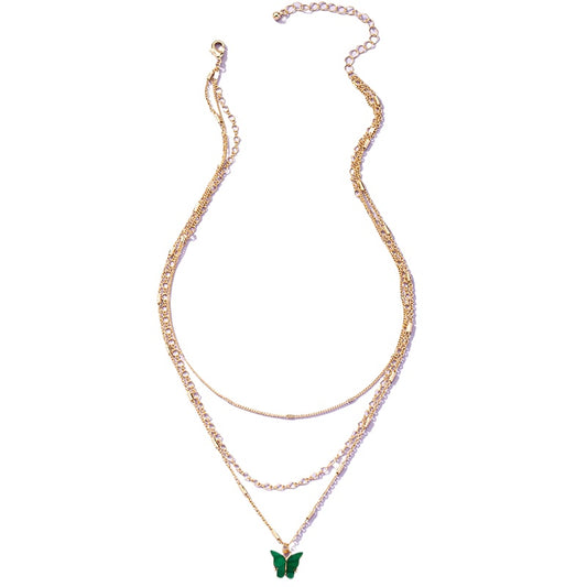 Elegant 3-Layer Butterfly Necklace with Multi-color Layers for Women, Stylish Sweater Chain