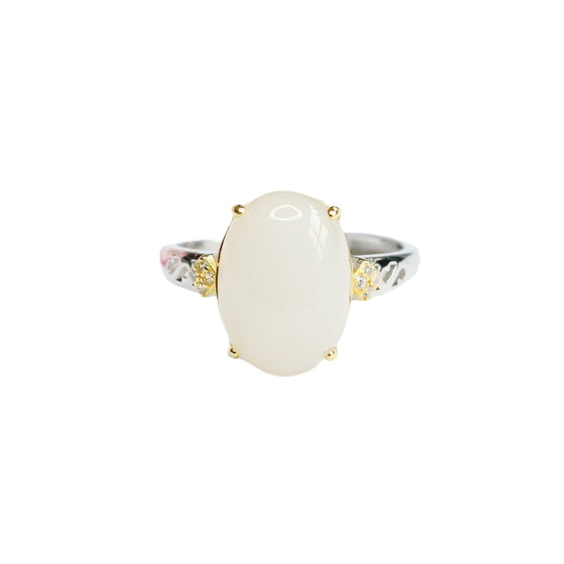 White Jade Ring with Oval Natural Hotan Jade Stone in Sterling Silver
