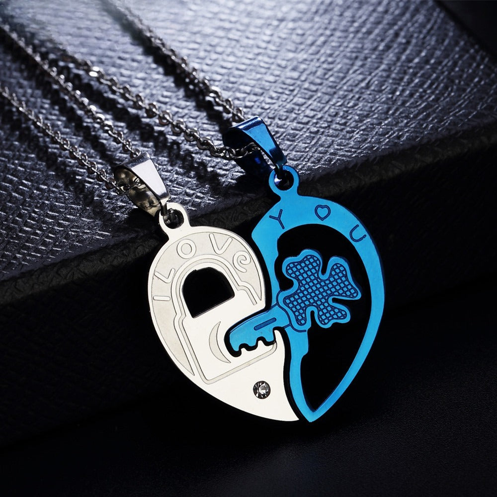 Four-Leaf Clover Necklace Key Heart Couple Premium Titanium Steel Unisex Pendant Planderful For Lovers