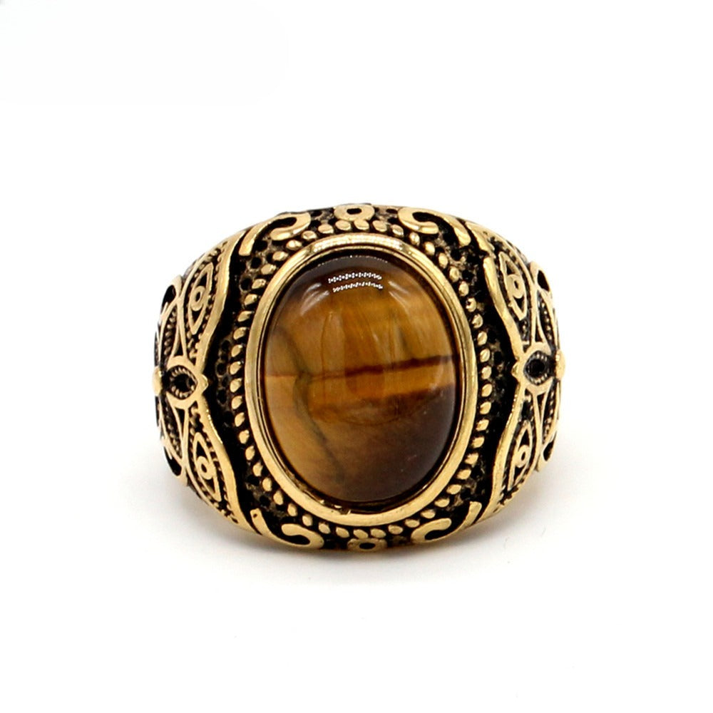 Planderful Tiger Eye Ring Titanium Steel For Unisex Fashion Lovers Retro Protective Statement Jewelry