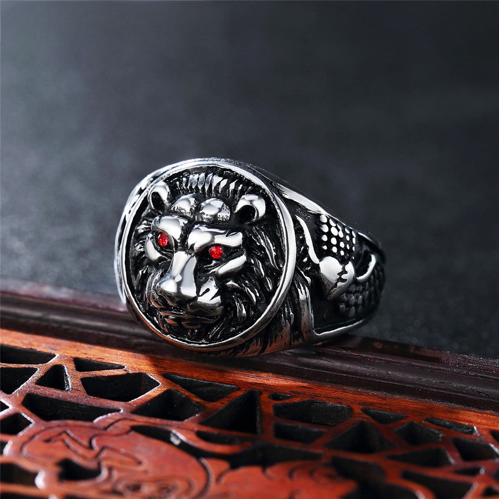 Red Eye Zircon Lion Head Relief Round Shape Titanium Steel Ring for Men