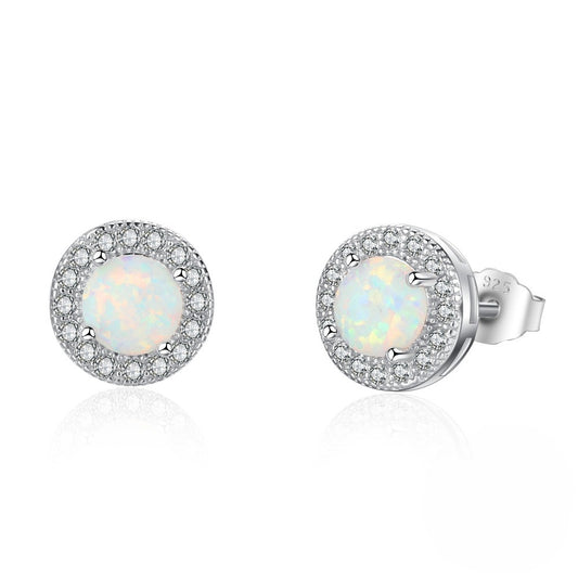 Planderful Jewelry Sterling Silver Opal Halo Stud Earrings