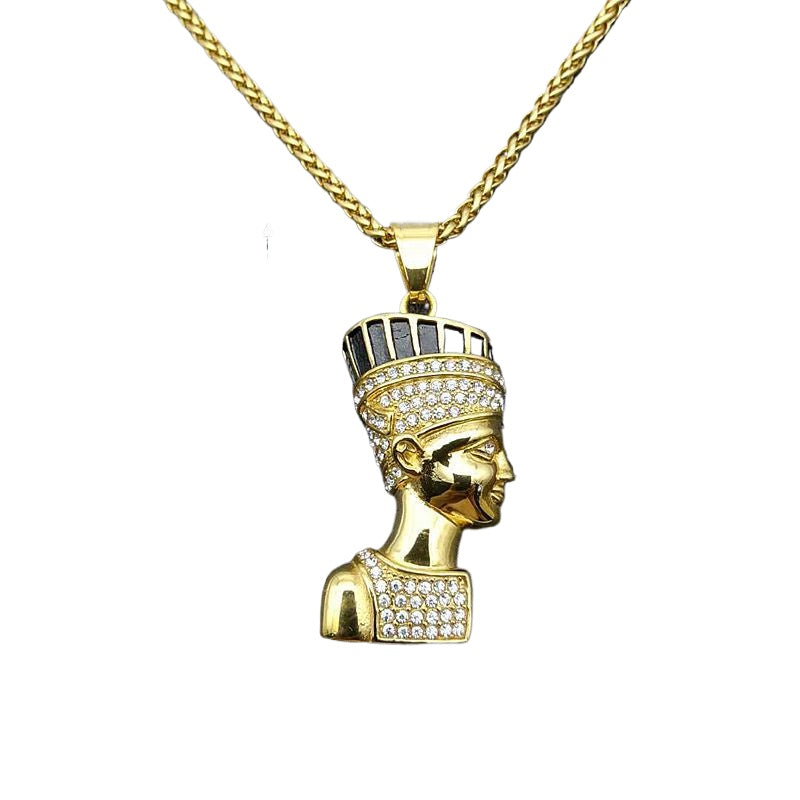 Planderful Hip Hop Jewelry Titanium Steel Gold Plated Rhinestone Egyptian Pharaoh Pendant Necklace For Streetwear Lovers