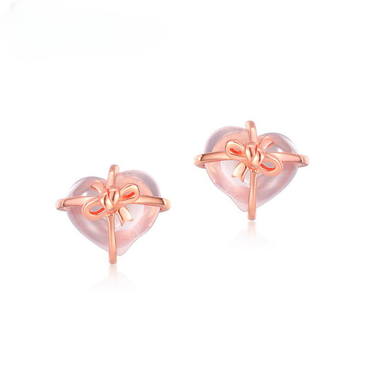 Heart Shape Pink Crystal Bowknot Silver Stud Earrings