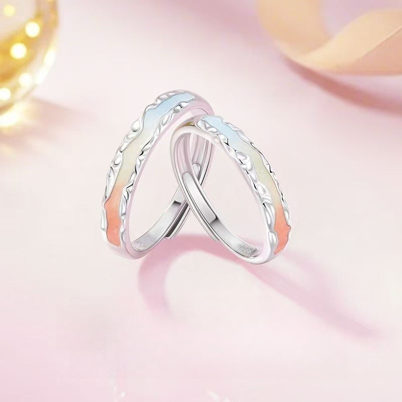 Planderful Sterling Silver Rainbow Luminous Couple Ring Adjustable Gift For Couples