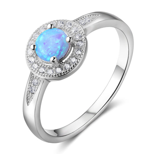 Round Blue Opal Soleste Halo Zircon Sterling Silver Ring