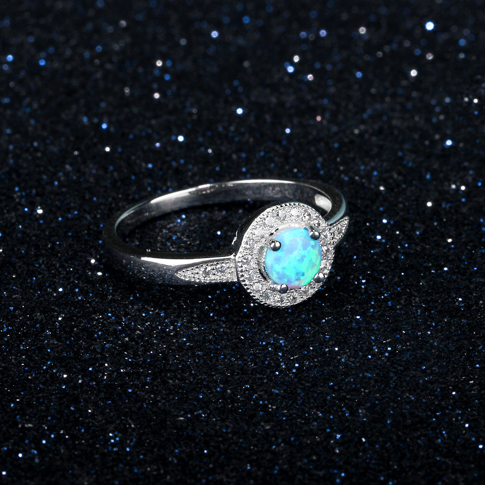 Round Blue Opal Soleste Halo Zircon Sterling Silver Ring