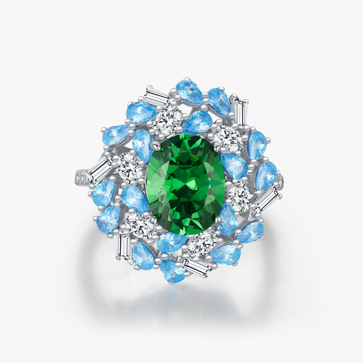 Planderful Gala Fireworks Ring – Elegant Sterling Silver with Imitation Emerald and Zircon