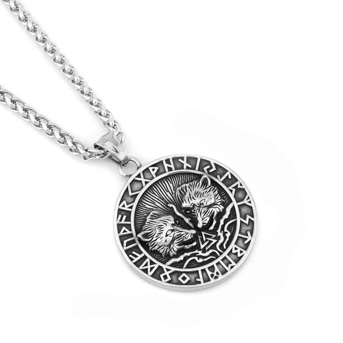 Nordic Men's Jewelry Viking Stainless Steel Double Wolf Pendant