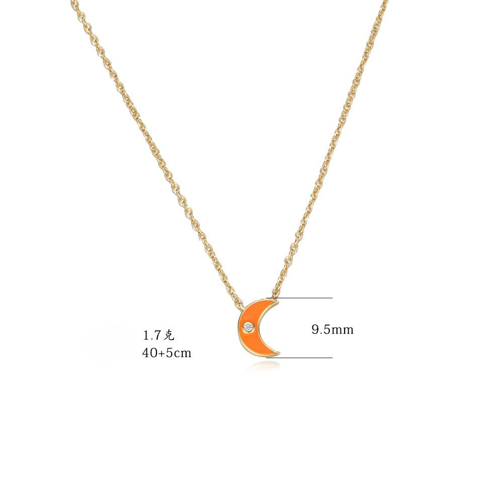 S925 Sterling Silver Women Inlaid Zircon Cold Wind Necklace Epoxy Moon