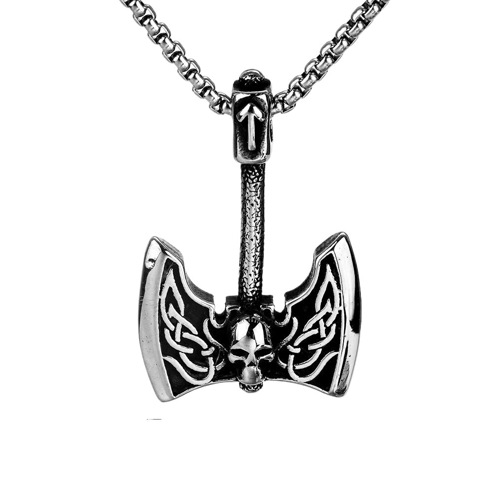 Planderful Viking Rune Skull Pendant For Men Stainless Steel Necklace With Angel Wings Axe Motif