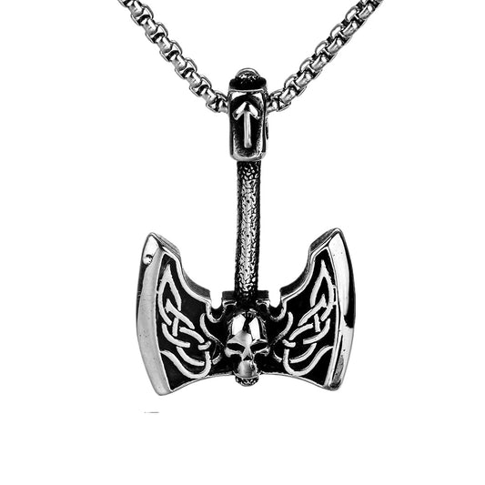 Planderful Viking Rune Skull Pendant For Men Stainless Steel Necklace With Angel Wings Axe Motif