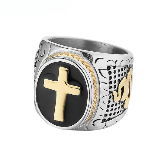 Latin Cross Snake Prayer Titanium Steel Ring for Men