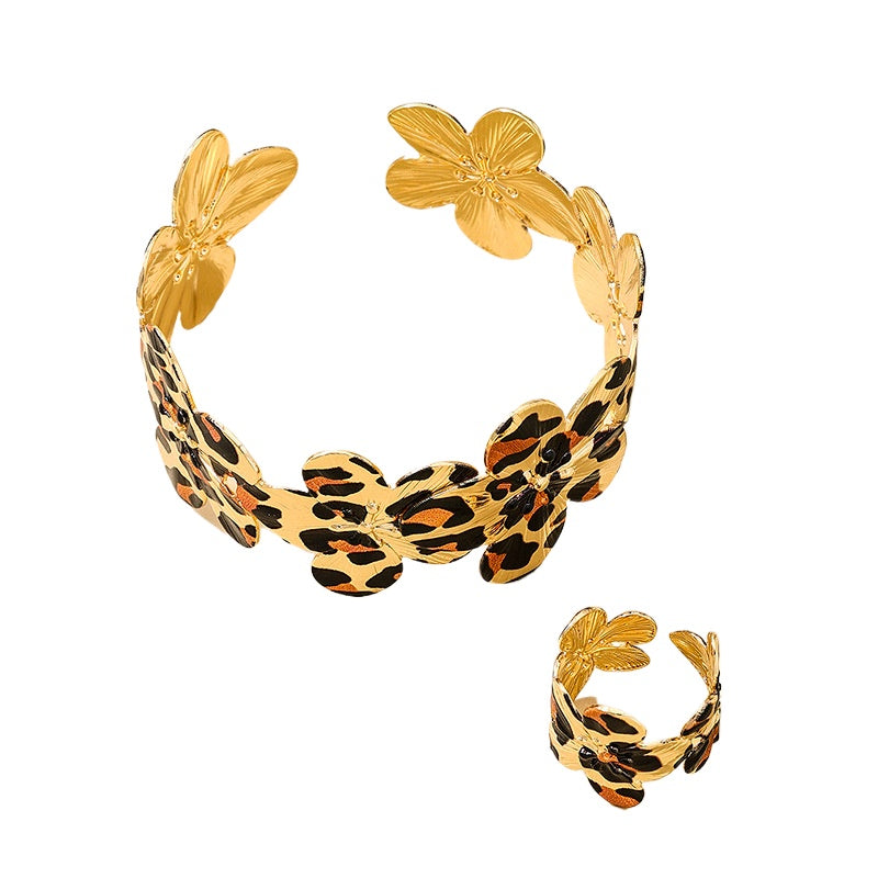 Fashionable Metal Leopard Print Bracelet Ring Set for Women