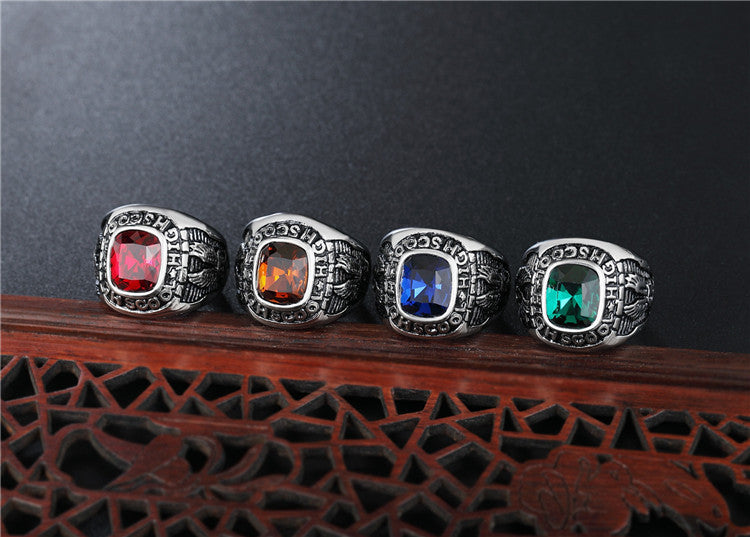 Planderful Punk Zircon Military Ring For Men Unisex Retro Titanium Steel Statement Size 8 To 13