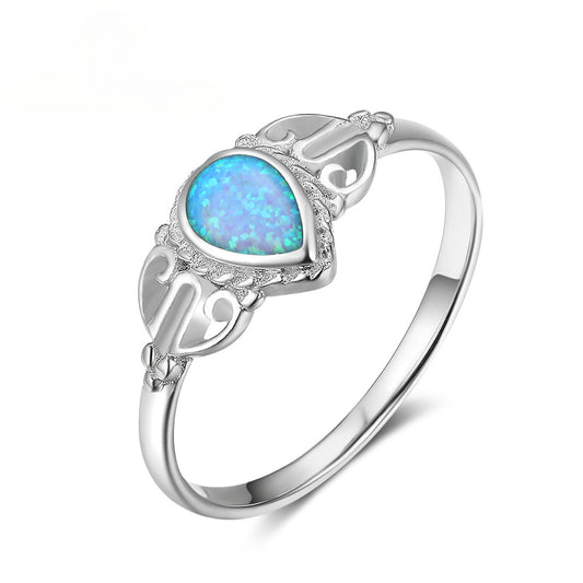 Royal Style Pear Shape Blue Opal Sterling Silver Ring